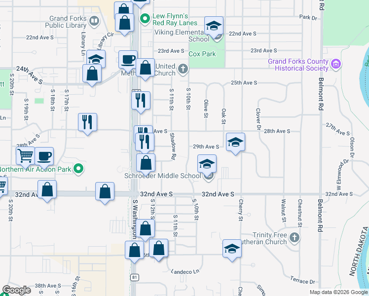 map of restaurants, bars, coffee shops, grocery stores, and more near 2902 South 10th Street in Grand Forks
