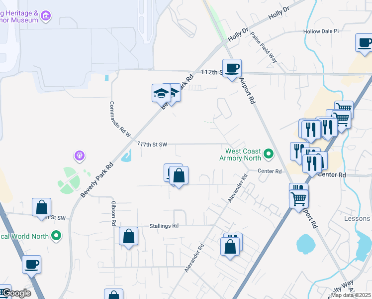 map of restaurants, bars, coffee shops, grocery stores, and more near 2520 Center Road in Everett