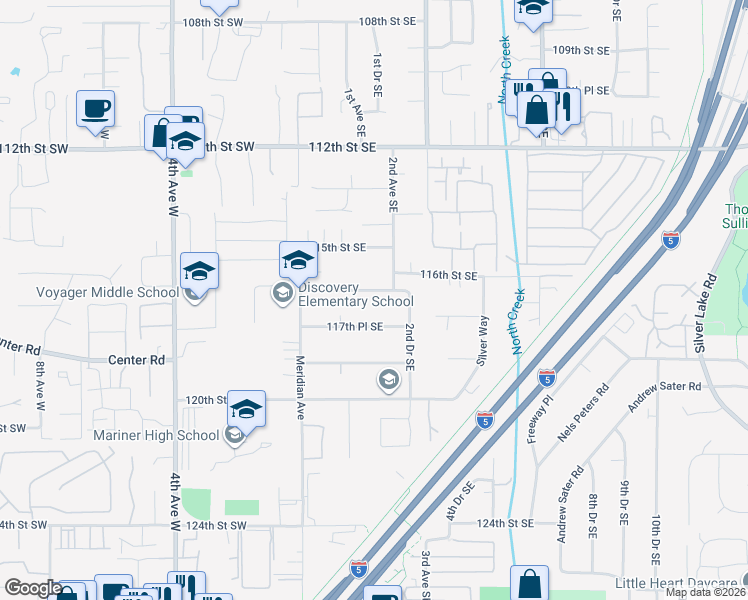 map of restaurants, bars, coffee shops, grocery stores, and more near 130 116th Place Southeast in Everett