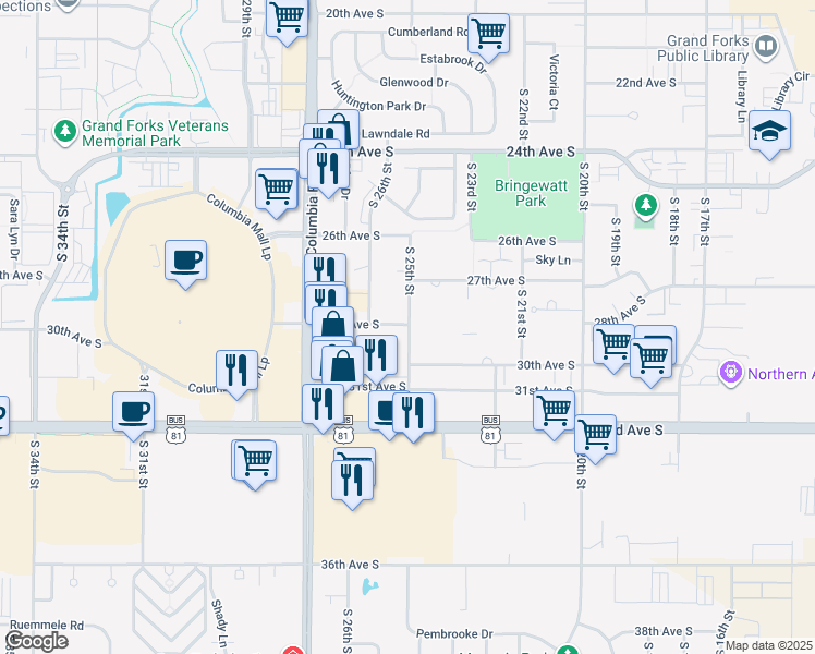 map of restaurants, bars, coffee shops, grocery stores, and more near in Grand Forks