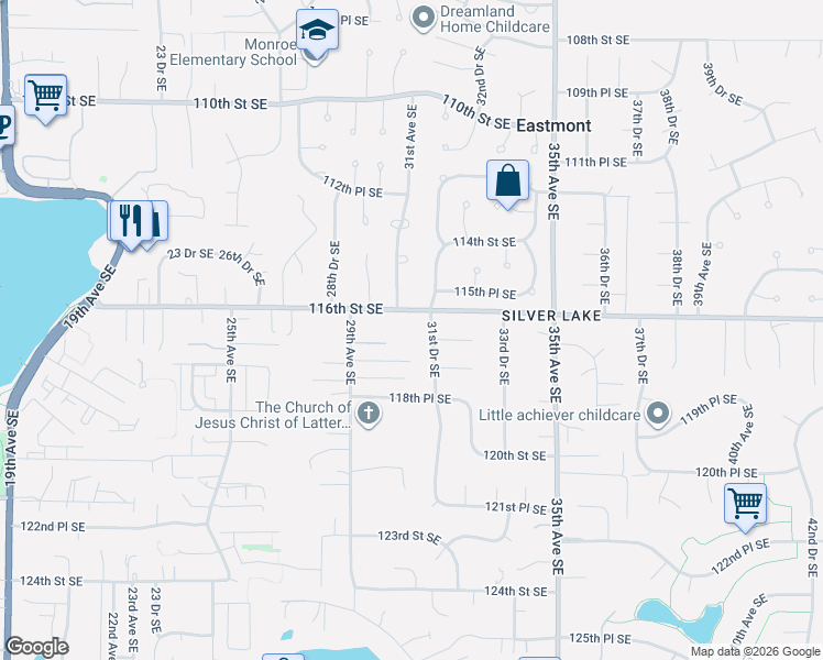 map of restaurants, bars, coffee shops, grocery stores, and more near 11633 29th Avenue Southeast in Everett
