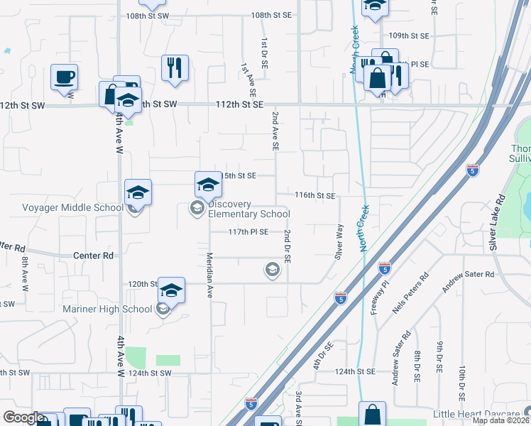 map of restaurants, bars, coffee shops, grocery stores, and more near 130 116th Place Southeast in Everett