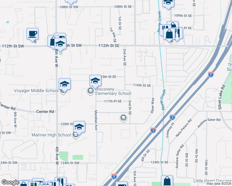 map of restaurants, bars, coffee shops, grocery stores, and more near 130 116th Place Southeast in Everett