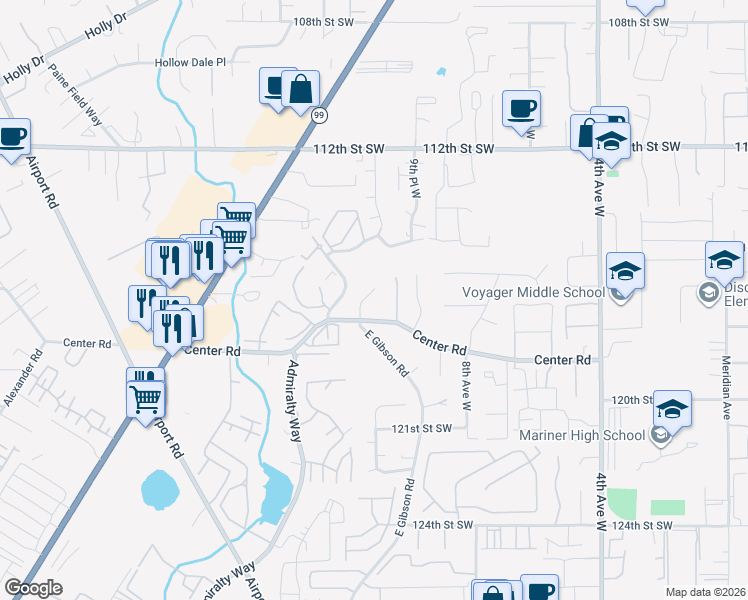 map of restaurants, bars, coffee shops, grocery stores, and more near 11623 11th Place West in Everett