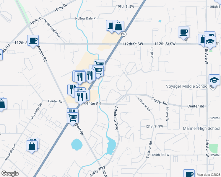 map of restaurants, bars, coffee shops, grocery stores, and more near 11722 14th Avenue West in Everett