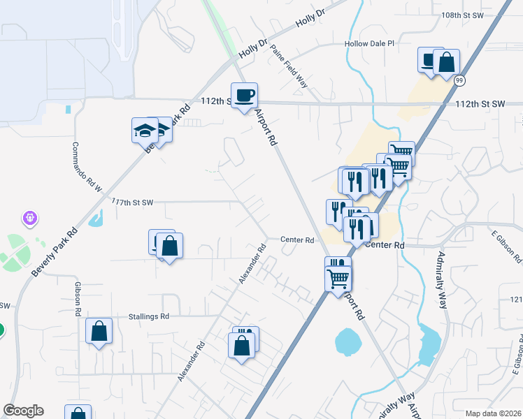 map of restaurants, bars, coffee shops, grocery stores, and more near 11631 Center Road in Everett