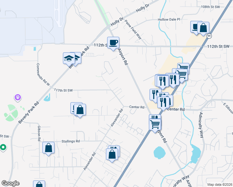 map of restaurants, bars, coffee shops, grocery stores, and more near 11631 Center Road in Everett