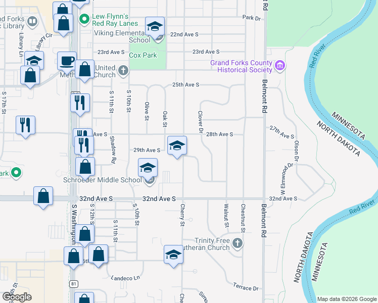 map of restaurants, bars, coffee shops, grocery stores, and more near 630 Schroeder Dr in Grand Forks
