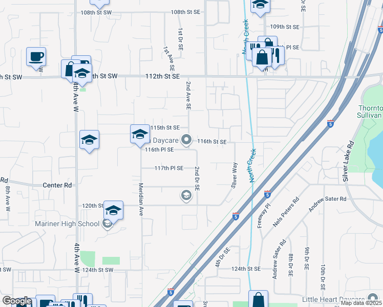 map of restaurants, bars, coffee shops, grocery stores, and more near 212 116th Place Southeast in Everett
