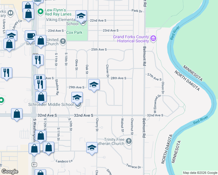 map of restaurants, bars, coffee shops, grocery stores, and more near 2903 Clover Dr in Grand Forks