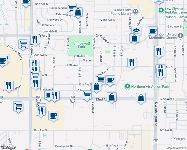 map of restaurants, bars, coffee shops, grocery stores, and more near 2800 South 20th Street in Grand Forks