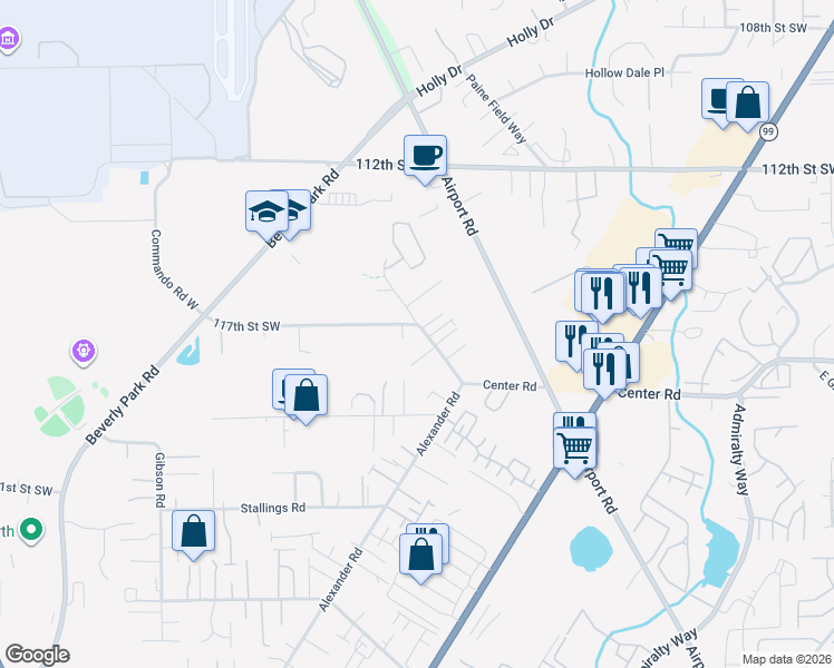 map of restaurants, bars, coffee shops, grocery stores, and more near 2316 117th Street Southwest in Everett