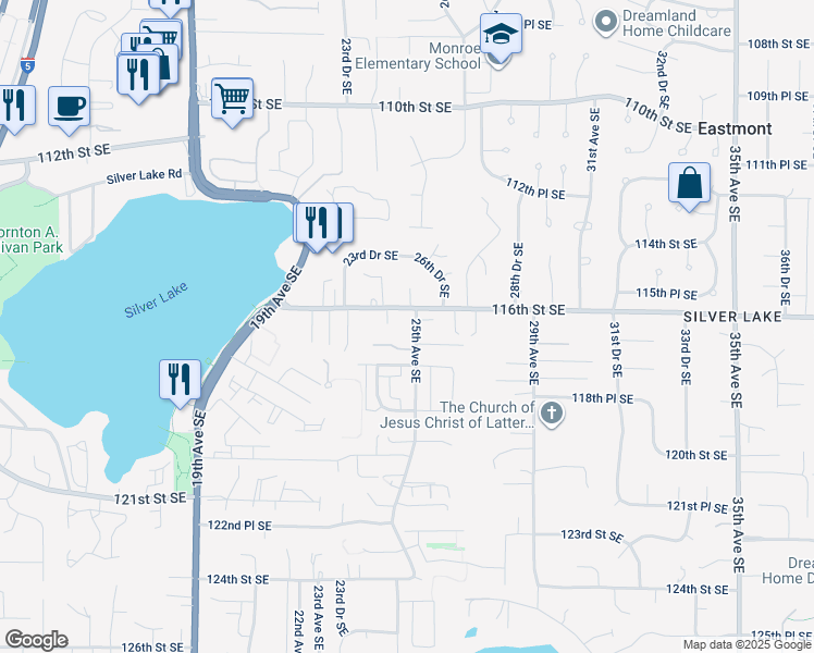 map of restaurants, bars, coffee shops, grocery stores, and more near 11706 25th Avenue Southeast in Everett