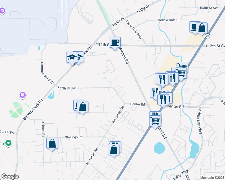 map of restaurants, bars, coffee shops, grocery stores, and more near 2316 117th Street Southwest in Everett
