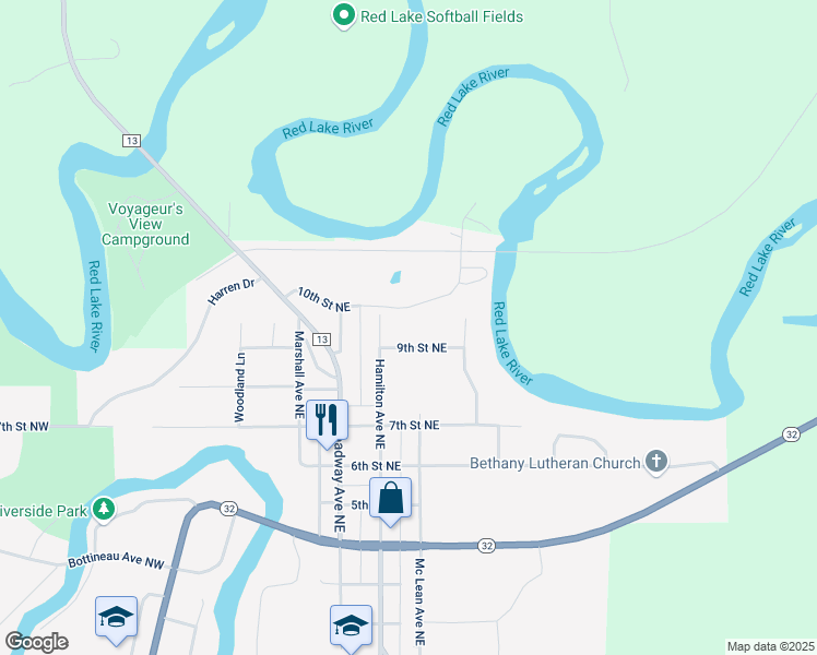 map of restaurants, bars, coffee shops, grocery stores, and more near 804 9th Street Northeast in Red Lake Falls