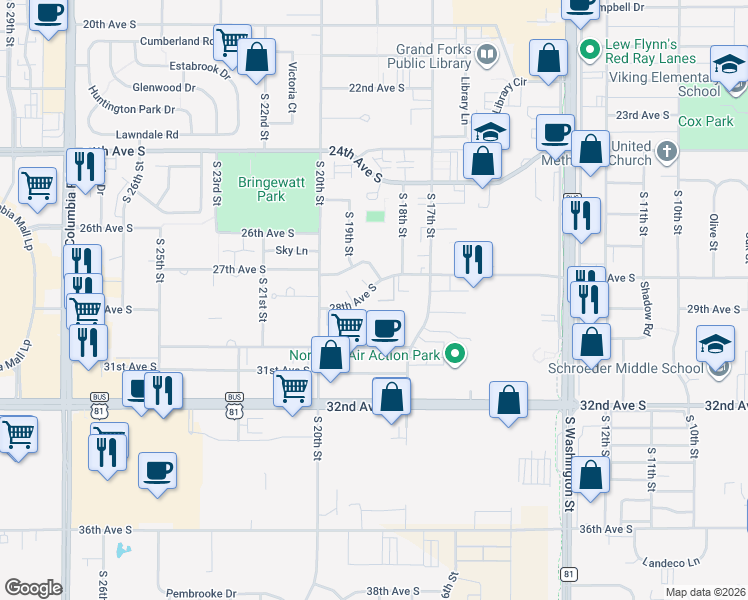 map of restaurants, bars, coffee shops, grocery stores, and more near 1875 28th Avenue South in Grand Forks