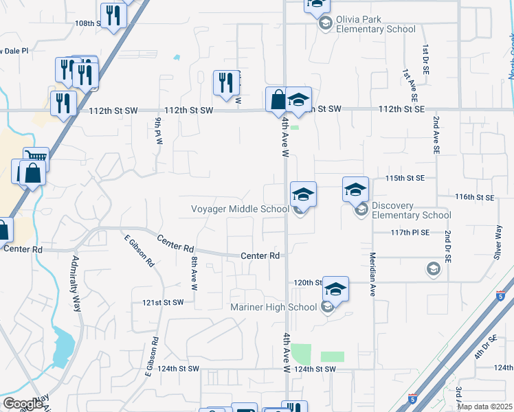 map of restaurants, bars, coffee shops, grocery stores, and more near 11612 5th Avenue West in Everett