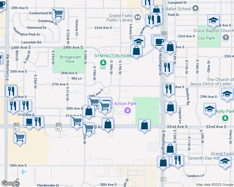 map of restaurants, bars, coffee shops, grocery stores, and more near 2816 South 17th Street in Grand Forks