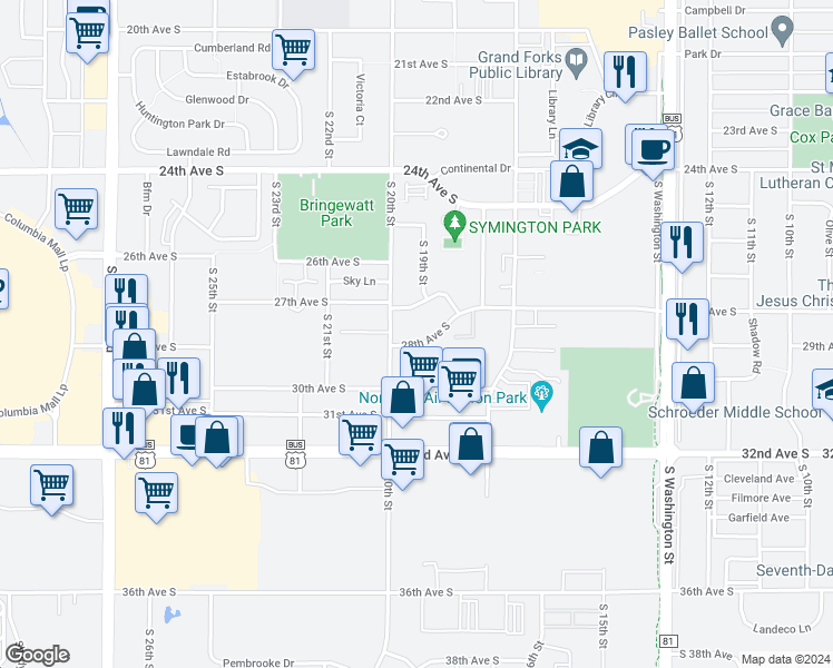 map of restaurants, bars, coffee shops, grocery stores, and more near 1950 28th Avenue South in Grand Forks