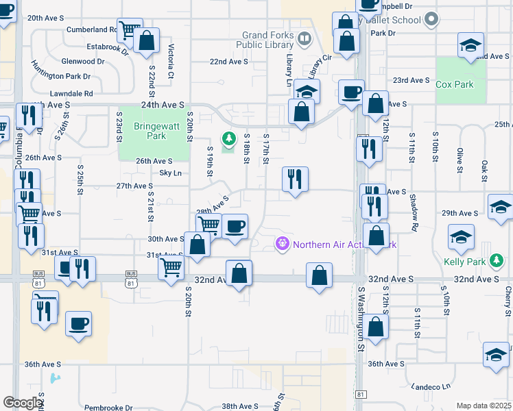 map of restaurants, bars, coffee shops, grocery stores, and more near 2904 South 17th Street in Grand Forks