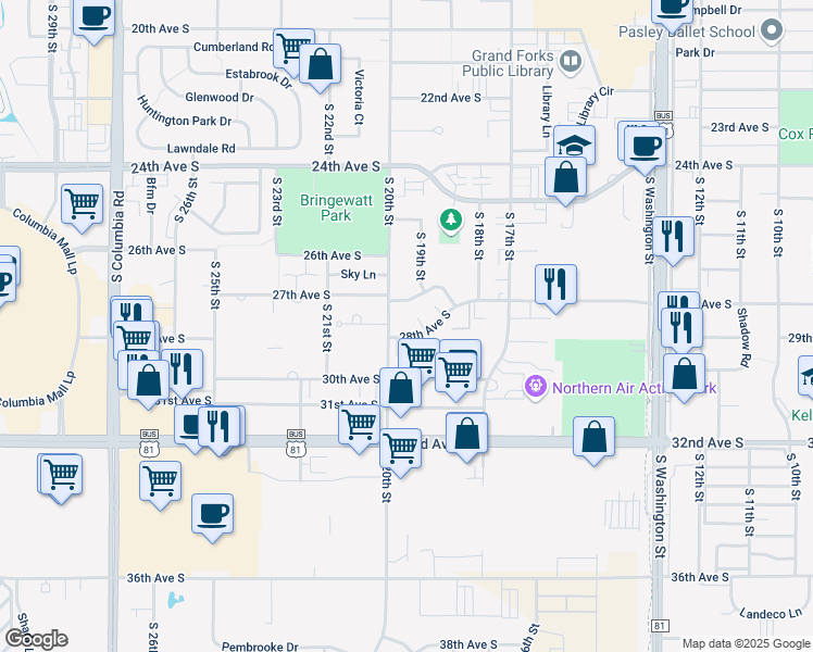 map of restaurants, bars, coffee shops, grocery stores, and more near 1951 28th Avenue South in Grand Forks