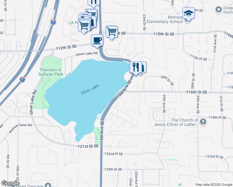 map of restaurants, bars, coffee shops, grocery stores, and more near 11615 19th Avenue Southeast in Everett