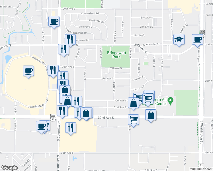 map of restaurants, bars, coffee shops, grocery stores, and more near 2302 30th Avenue South in Grand Forks