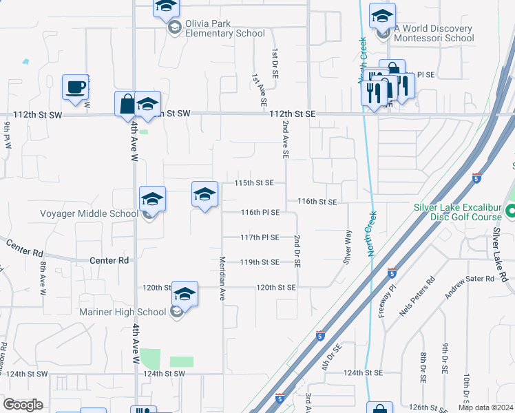 map of restaurants, bars, coffee shops, grocery stores, and more near 101 116th Place Southeast in Everett