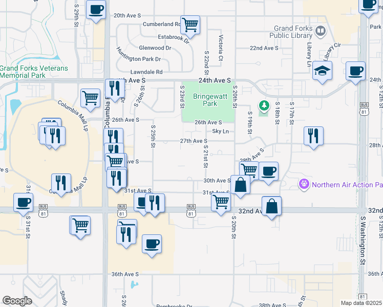map of restaurants, bars, coffee shops, grocery stores, and more near 2303 27th Avenue South in Grand Forks