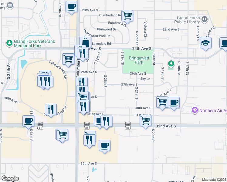 map of restaurants, bars, coffee shops, grocery stores, and more near 2402 30th Avenue South in Grand Forks