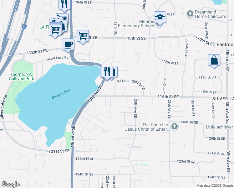 map of restaurants, bars, coffee shops, grocery stores, and more near 11505 23rd Drive Southeast in Everett