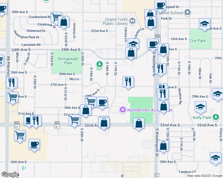 map of restaurants, bars, coffee shops, grocery stores, and more near 1722 28th Avenue South in Grand Forks