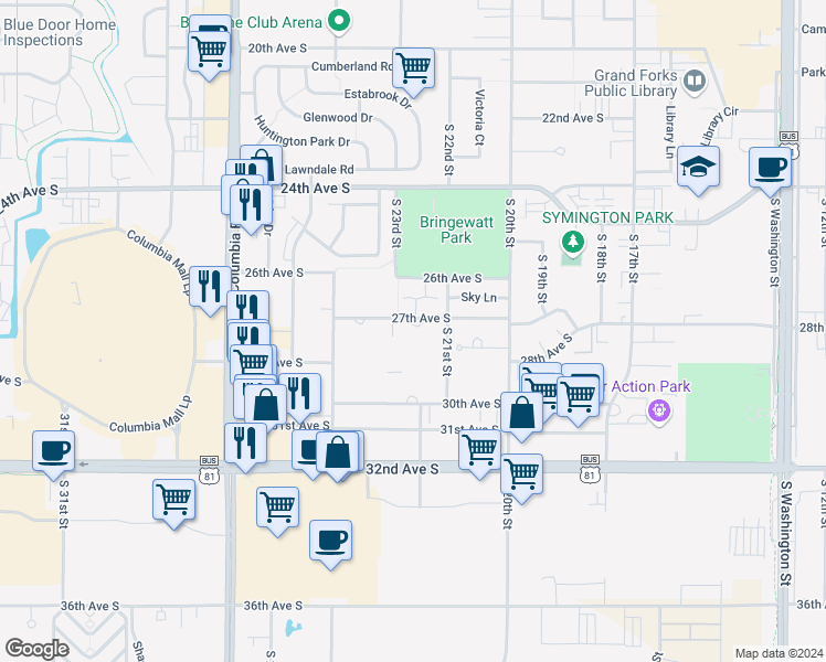 map of restaurants, bars, coffee shops, grocery stores, and more near 2393 27th Avenue South in Grand Forks