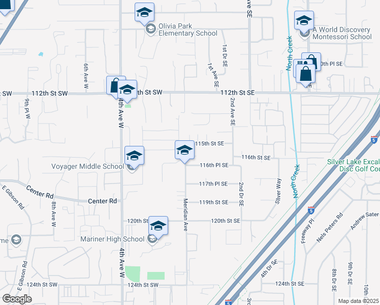 map of restaurants, bars, coffee shops, grocery stores, and more near 11517 Meridian Avenue in Everett