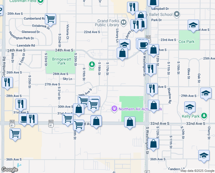 map of restaurants, bars, coffee shops, grocery stores, and more near 1722 28th Avenue South in Grand Forks