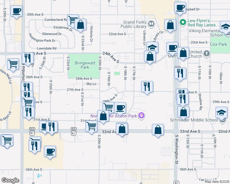 map of restaurants, bars, coffee shops, grocery stores, and more near 1880 28th Avenue South in Grand Forks