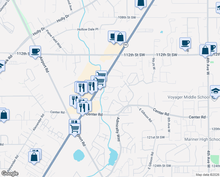 map of restaurants, bars, coffee shops, grocery stores, and more near 11527 Highway 99 in Everett