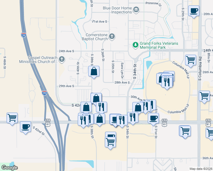 map of restaurants, bars, coffee shops, grocery stores, and more near 3500-3598 26th Avenue South in Grand Forks