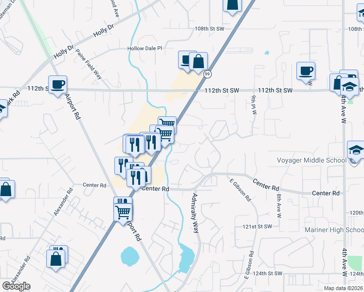 map of restaurants, bars, coffee shops, grocery stores, and more near 11527 Highway 99 in Everett