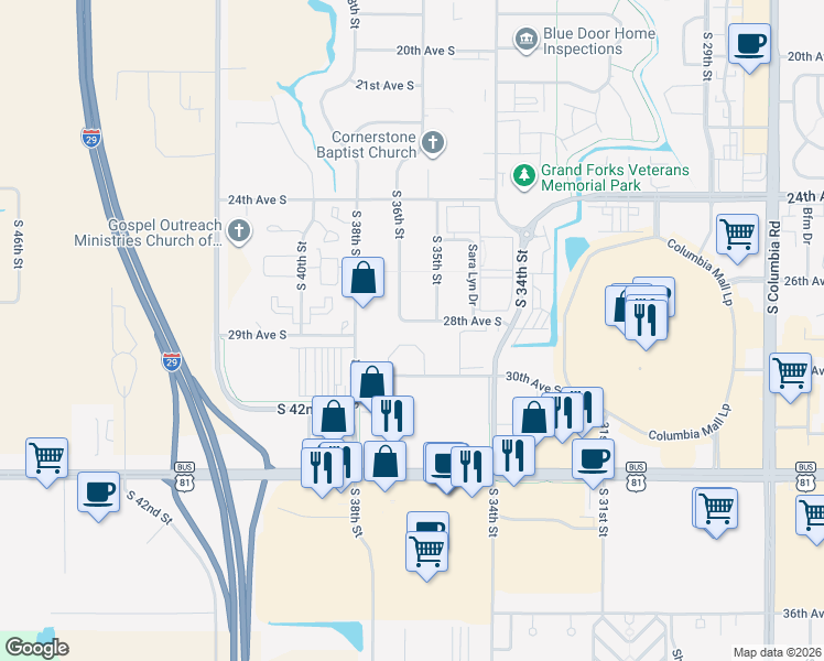 map of restaurants, bars, coffee shops, grocery stores, and more near 3500-3598 26th Avenue South in Grand Forks