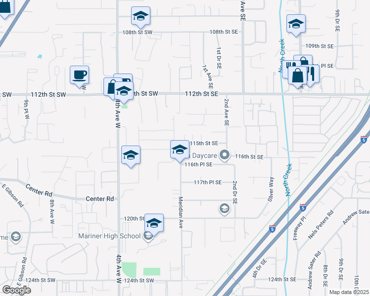 map of restaurants, bars, coffee shops, grocery stores, and more near 11517 Meridian Avenue in Everett