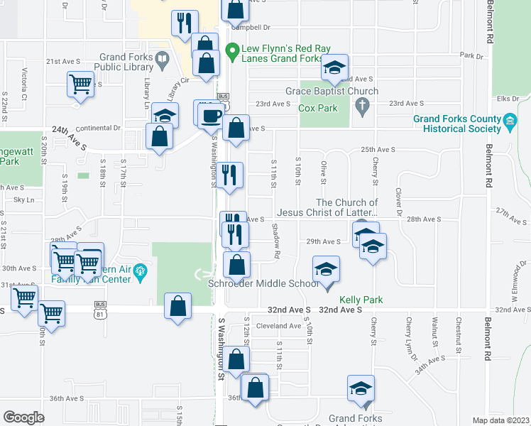 map of restaurants, bars, coffee shops, grocery stores, and more near 1106 28th Avenue South in Grand Forks