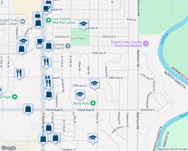 map of restaurants, bars, coffee shops, grocery stores, and more near 2708 Cherry Street in Grand Forks