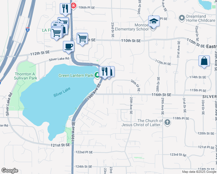 map of restaurants, bars, coffee shops, grocery stores, and more near 11419 19th Avenue Southeast in Everett