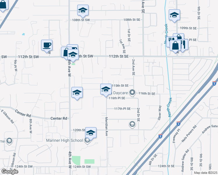 map of restaurants, bars, coffee shops, grocery stores, and more near 11517 Meridian Avenue in Everett
