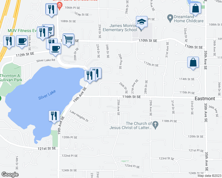 map of restaurants, bars, coffee shops, grocery stores, and more near 11507 24th Drive Southeast in Everett