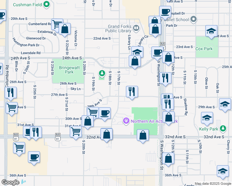map of restaurants, bars, coffee shops, grocery stores, and more near 1722 28th Avenue South in Grand Forks