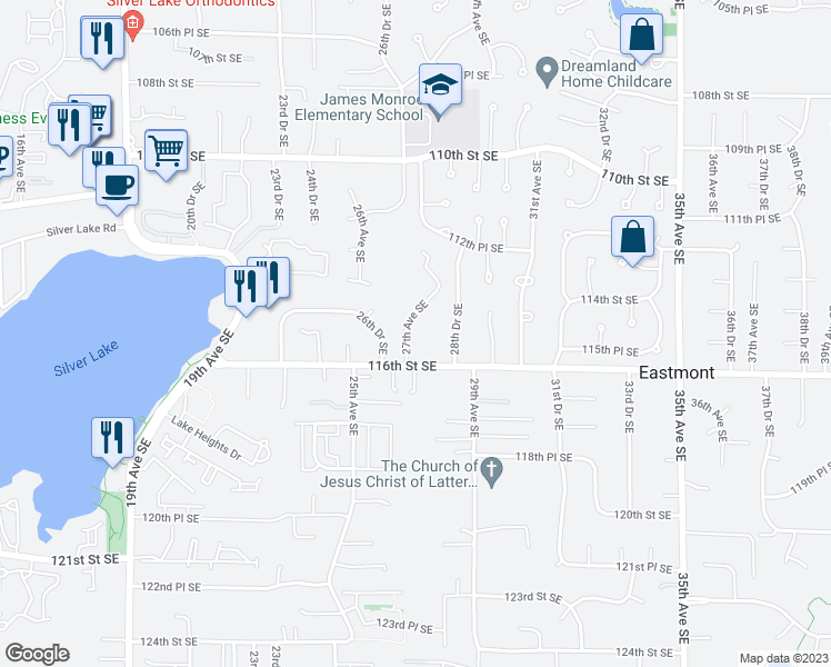 map of restaurants, bars, coffee shops, grocery stores, and more near 11505 27th Avenue Southeast in Everett