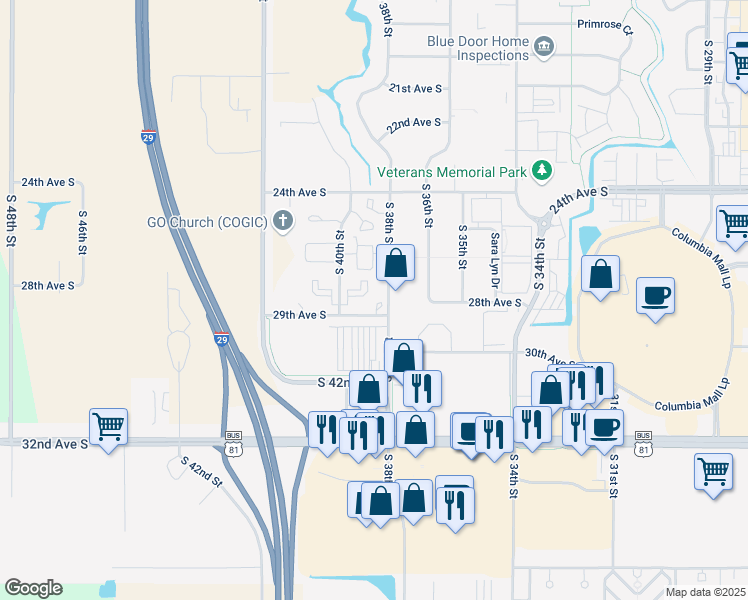 map of restaurants, bars, coffee shops, grocery stores, and more near 2750 South 38th Street in Grand Forks