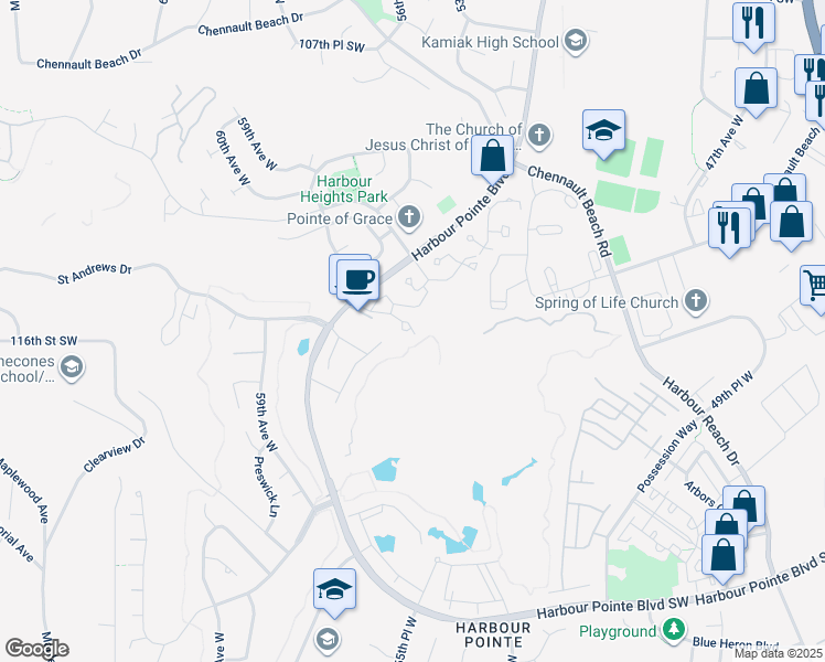 map of restaurants, bars, coffee shops, grocery stores, and more near 5600 Harbour Pointe Boulevard in Mukilteo
